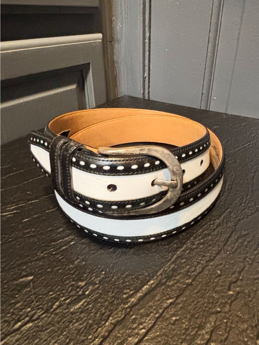 Vintage Mezlan Black and White Leather Belt with Studded Trim